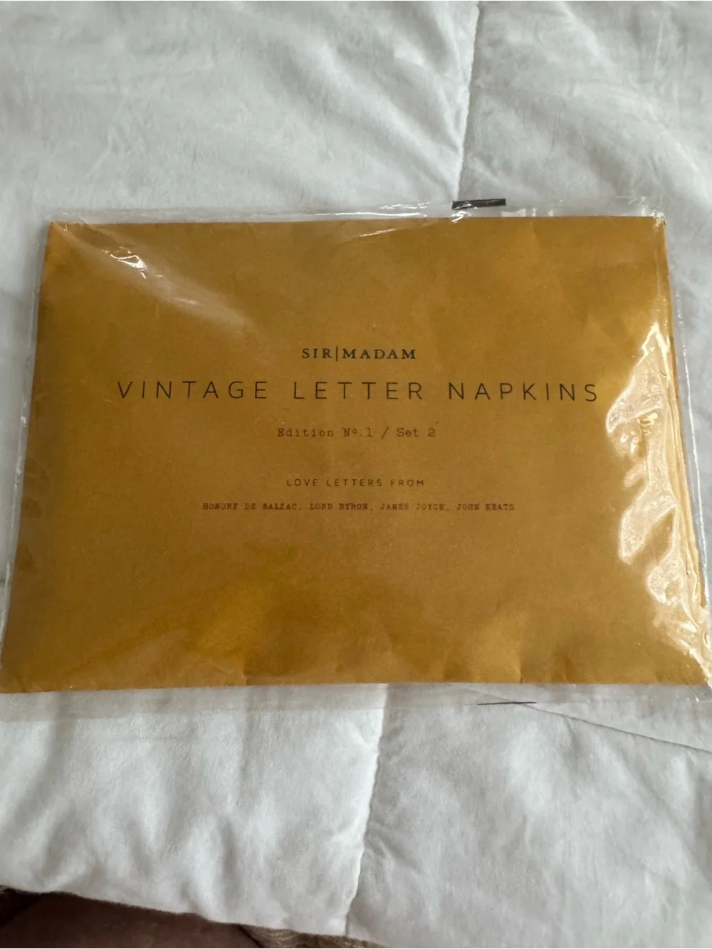Anthropologie Vintage Love Letter Napkins in Mustard Envelope white Napkins